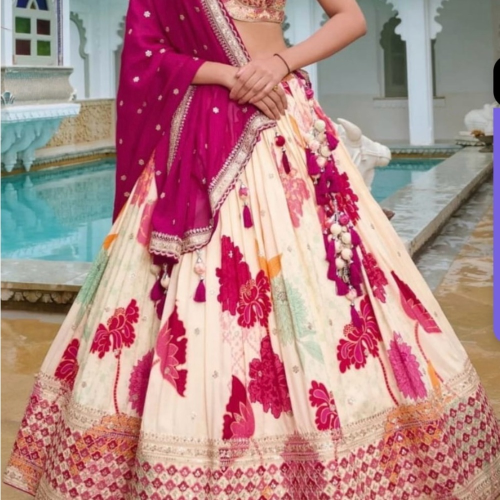 Elegant Cream and Pink Floral Lehenga Choli . Indian / Pakistani Outfit.
